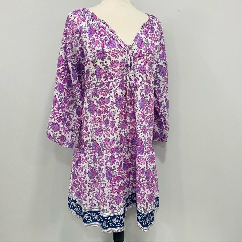 SZ Blockprints L Violet Eva Pink Padra Dali Cotton Boho Resort Mini Swing Dress